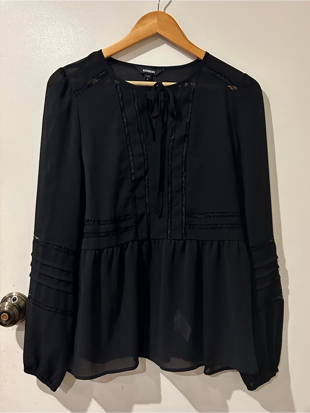 Express whimpsygoth Black Tie-Neck Peasant Blouse with Pintuck Details size S